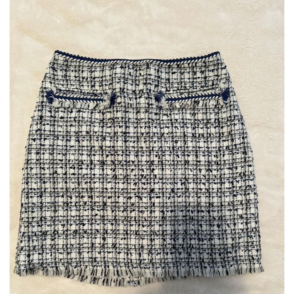 HM Blue White Tweed Mini Skirt Fringed Braided Trim Textured Size 2